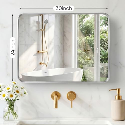 Image of Sweetcrispy Bathroom Mirror 30x24 Inch Metal Framed Rounded Rectangle Vanity Mirror for Wall, Over Sink, Farmhouse, Restroom, Anti-Rust, Modern Decorative, Horizontal or Vertical Hanging, Silver