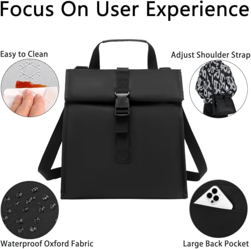 Image of Insulated Lunch Bag with Roll-Top Closure, Adjustable Shoulder Strap, Black, Multiple Colours Available (SQ)
