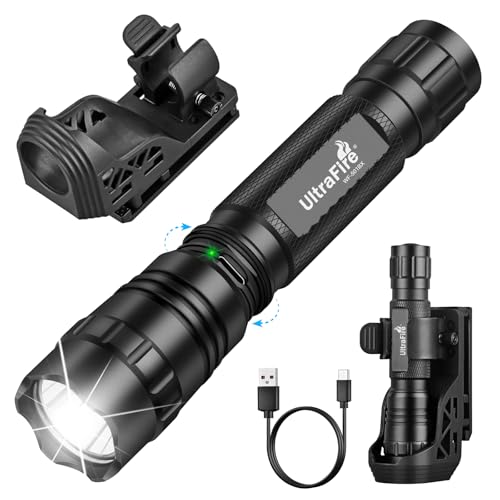 UltraFire Wiederaufladbare Taktische Taschenlampe mit Holster, 1000 Lumen 3 Modi Polizei Taschenlampe mit Gürtelholster, Safety Taschenlampen für Strafverfolgung, Camping, Outdoor, WF-501BX
