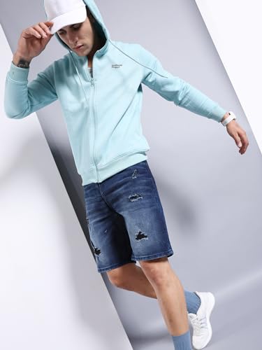 Image of The Indian Garage Co Men Regular Fit Solid Mid-Rise Denim Shorts