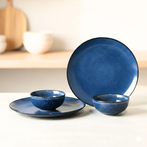 Image of Freakway Reactive Glaze Dinner Set, 4 Piece Stoneware Set, Midnight Blue, 2 Dinner Plates and 2 Serving Bowls