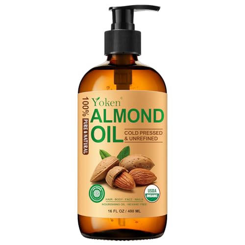 Yoken Organic Almond Oil 16 fl oz, USDA 100% Pure Cold Pressed Almond Oils in Glass Bottle, Natural Moisturizer for Face, Hair & Body, Ideal Carrier Oil for Skin Care, DIY Beauty & Soothing Massage