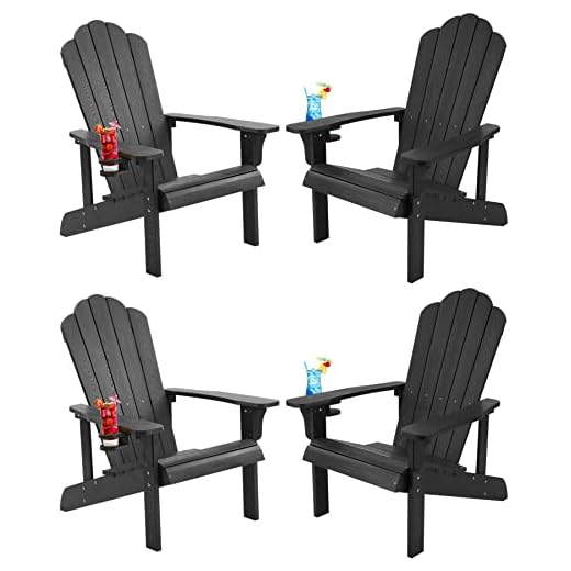hOmeHua Adirondack Chair Set of 4, Adirondack Chair Weather Resistant with Cup Holder, Imitation Wood Stripes, Easy to Assemble, Outdoor Chair for Patio, Backyard Deck, Fire Pit & Lawn Porch - Black