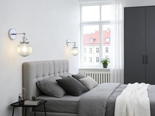 Image of PERMO Sconce with Switch Industrial Gold Wall Sconce Lighting with Ribbed Globe Lampshade (Chrome, 1 Light-Hardwired)