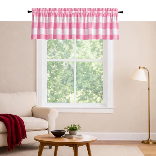 Softopia Cotton Buffalo Check Rod Pocket Window Valance Curtains 2 Pack, 54x18 Inch Farmhouse Panels for Kitchen, Dining, Living Room, Bathroom, Country Style Home Décor, Rose Pink and White