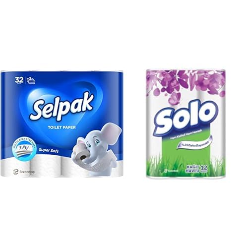 Selpak Tuvalet Kağıdı, 3 Katlı, 32'li, 1 Paket (1 x 32 Adet)+Solo Kağıt Havlu 12'li (12 Rulo)