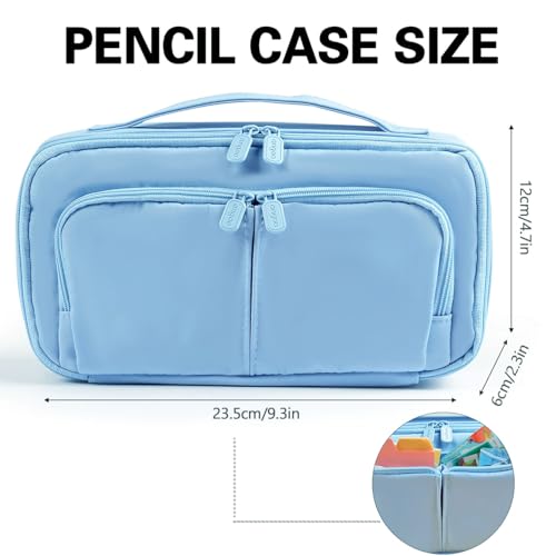 Image of Pencil Case Large Capacity Pencil Pouch Pen Bag with Handle, Portable Pencil Case Pencil Bags with Zipper Student Stationery Bag for Girls and Boys Teen Adults Men Women (Light Blue)