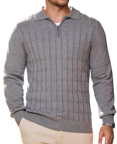 Mens Polo Sweaters Quarter Zip Long Sleeve Knit Polos Lightweight Casual Pullover Sweater