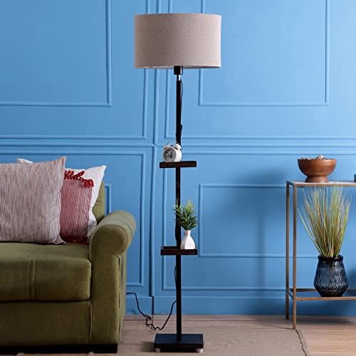 SANDED EDGE - SMARTLY PRICED Miller Double Shelf Floor Lamp in Solid Wood with Natural Wood Color Base and Black Color Shade for Home Décor and Living Room -Pack of 1
