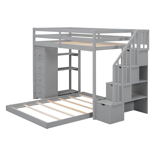 image for Merax Twin Over Full Bunk Bed Frame with 3-Layer Shelves,4 Drawers and