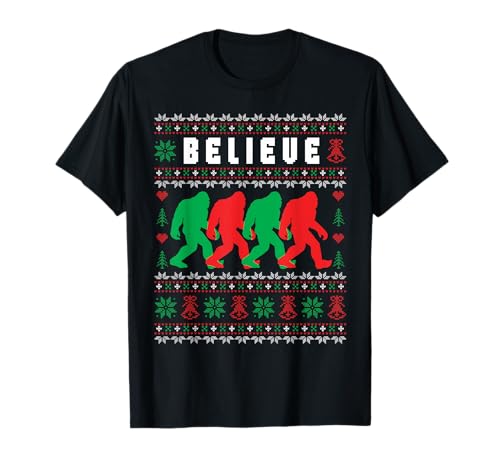 Natale Bigfoot Believe Sasquatch Ugly Christmas Maglione Maglietta