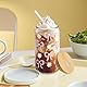 Glas Trinkbecher mit Deckel und Strohhalm, 600ml Rosa Schleife Aus Glas mit 1 Becherbürste, 1 Strohhalmkappe mit Schleife, Dosenförmige Smoothie-Eiskaffeegläser, Schleifenbecher für Bubble Tea, Kaffee
