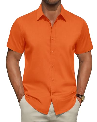 ROUWELL Button Up Shirt Men Short Sleeve Flex Waterproof Solid Dress Shirts Slim Fit Business Casual Formal Tops Orange Large