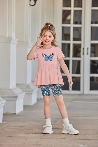 Image of Arshiner Girls Summer Outfits Short Sleeve Ruffle Hem Top and Biker Shorts Set Girl Clothes 4-15 Years