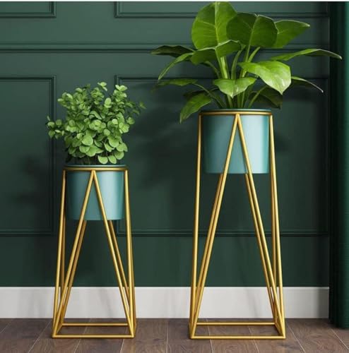 Image of Brass Industry Iron Metal Indoor Out Door Bedroom Home Office Planter Pot Tall Stand with Planter for Living Room, Balcony Flower Pot Stand Set of 2 (Greenish Blue)