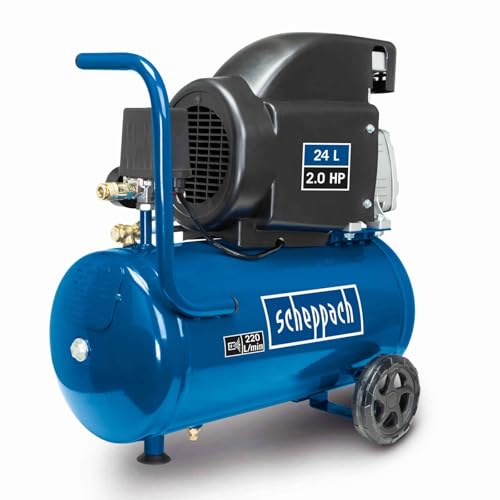 Scheppach Compresseur HC26 | 1500 W | Admission d'air 220 L/min | Cuve de 24 Litres | Pression de travail de 8 bar | Lubrifié à l'huile | Poignée et dispositif de déplacement inclus