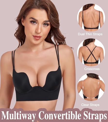 Image of Lemorosy Plunge U Backless Push Up Bra Multiway Convertible Low Cut Underwire Bras for Women