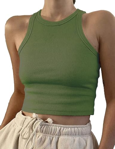 Image of Artfish Women Casual Basic Sleeveless High Neck Rib-Knit Y2k Crop Tank Top