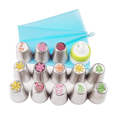 Dr.Pedi 15 Pcs Christmas Decorations Piping Bags and Tips Set 13 Piping Tips Set Icing Tips Icing Piping Nozzles Set Frosting Bags Ties Cupcake Decorating Kit