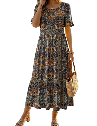 Image of Zeagoo Womens Summer Dresses 2026 Casual Midi Dress Flowy Sundress Ruffle Short Sleeve Tiered Dresses A Line Boho Dress