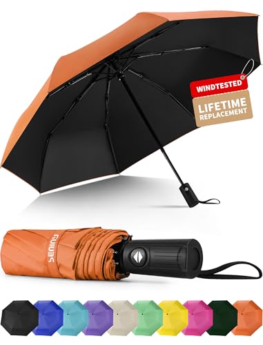 Seniny Windproof Travel Umbrella Automatic Umbrellas for Rain Portable & Compact Umbrellas for Backpack Strong UV for Protection Folding Small Sun Umbrella for Car Walking Orange