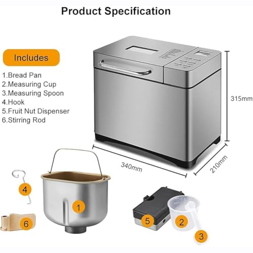QYOEGSQ Brotbackautomat for Zuhause, Brotbackautomat mit Frucht-/Nussspender, Teigmacher mit 17 voreingestellten Menüs und 15-Stunden-Reservierung, 1 Stunde Warmhalten, 3 Brotgrößen, 3 Krustenfarben – Bild 7