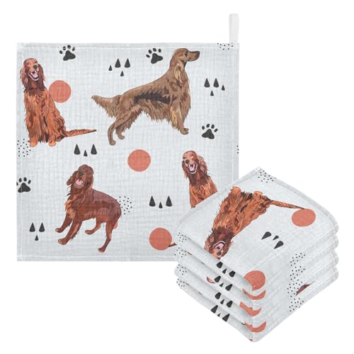 Image of vvfelixl Irish Setter Dog Pattern Baby Burp Cloths Baby Muslin Washcloths for Boys Girls Cotton Baby Face Towel for Newborn Infants Soft and Absorbent 11.8 X 11.8 in, 5 Pack