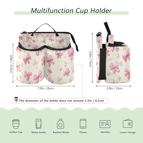 Image of Luggage Cup Holder for Suitcases Free Hands Suitcase Cup Holder Travel Luggage Drink Holder Portable Luggage Cup Caddy Bag Carrier with Handle Pink Bow Cute