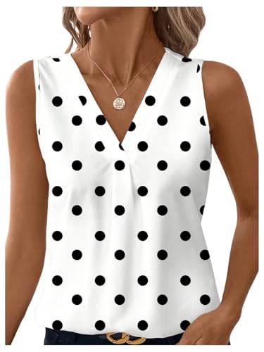 SOLY HUX Women's Casual Polka Dots Tank Tops Summer V Neck Sleeveless Tunic Shirts Office Work Blouse