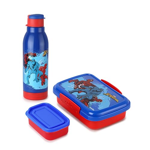 Image of CELLO Lunch On 3D Spiderman Design Kids Combo Set Red | Inner Compartment Lunch Box with Insulated Water Bottle Leak Proof Airtight Lightweight Tiffin Box Water Bottle Set for School Kids Boys Girls