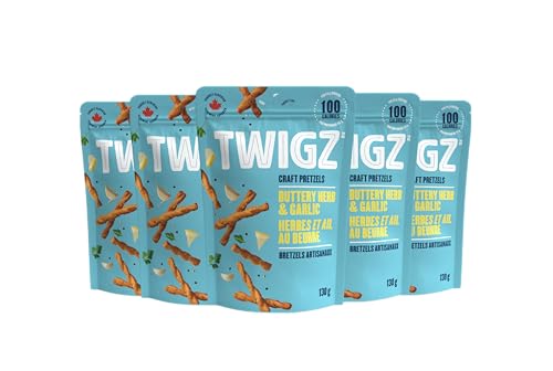 TWIGZ Craft Pretzel Sticks Buttery Herb & Garlic Flavor | Pack of 6 Individual Bags (130g each)