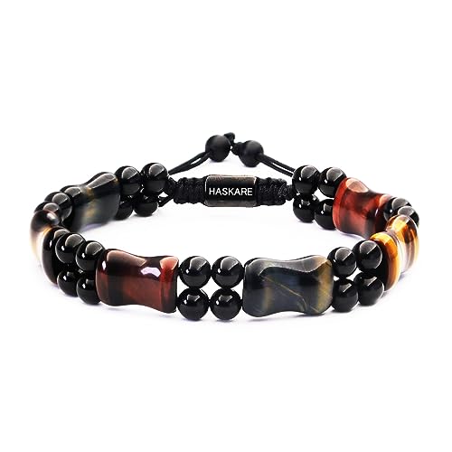 HASKARE Healing Crystals Tiger Eye Bracelets for Men, Mens Jewelry Beads Protection Crystal Tigers Eye Bracelet, Genuine Stone Bead Bracelet Anxiety Relief Drawstring Flatbead Bracelets Gift for Him