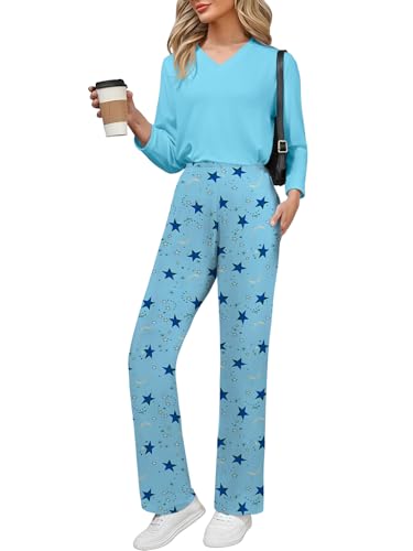 YUNDAI Womens Striped 2 Piece Sets Long Sleeve T Shirts and Capri Pants Sleepwear Pjs Sets with Pockets