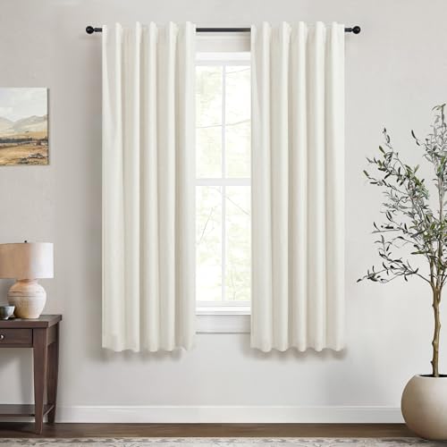 DANCURTON 64 Inch Length Linen Blackout Curtains for Bedroom 2 Panels Set Back Tab Rod Pocket Black Out Linen Blend Curtain for Living Room Thermal Insulated Textured Window Drape 42x64 in Long Cream