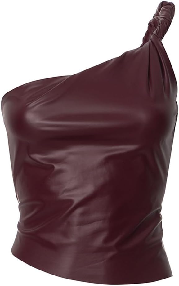 Women's PU Leather Tank Crop Top Mock Neck Sleeveless Asymmetrical Ruched One Shoulder Pleated T-Shirt - Image 3