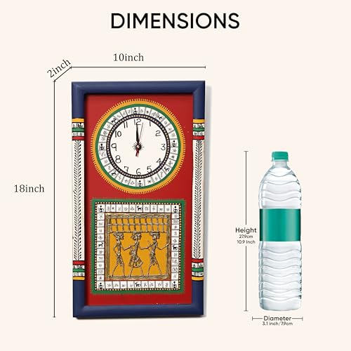 Image of AAKRITI ART CREATIONS Wall Clock Handcrafted Warli Art Red Dial with Glass Frame Blue, Red | Wall Clock for Home, Home Decoration | Lightweight Wooden wall Decor | Matte Finish
