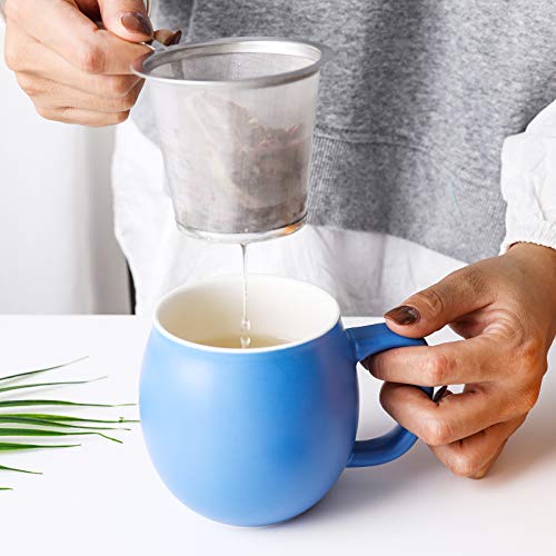 Image of Yundu 12 OZ Matte Blue Ceramics Teacup with Infuser and Lid, Mug with Lid for Steeping - Stainless Steel Infuser for Loose Leaf Tea, Home Office Gift for Tea Lovers