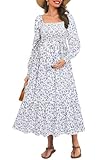 Maternity Dress for Baby Shower Spring Easter Pregnancy Photoshoot Floral Smocked Long Sleeve Fall Wedding Guest Midi Dress