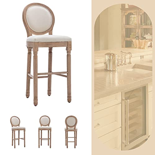 Abet Bar Stools Set Of 2, Seat Height 30-Inch French Country Barstools, Vintage Round Back Bar Height Wooden Chairs With Soft Linen Cushions And Solid Wood Frame, Beige And Natural #TOP5