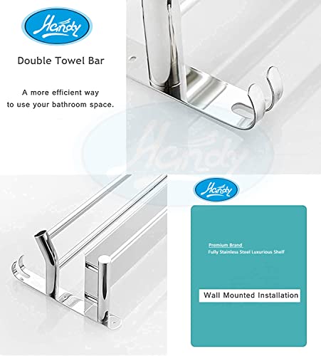HANDY Stainless Steel Bathroom Accessories Luxurious 2 Layer Bathroom Shelf with Towel Rod and Hook Multipurpose Wall Mount Bathroom Shelves with Hook (Silver - 16 x 5 x 9 Inch) (Image - 4)