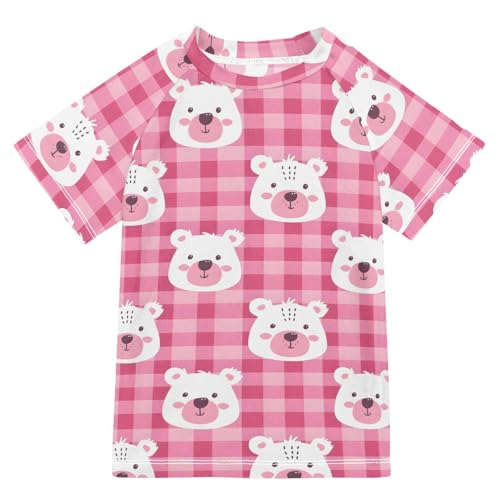 ALAZA Kids Rash Guard Boys Toddler Swim Shirts Short Sleeve Bear Pink Checkered UPF 50+ 3T