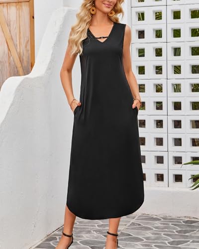 Image of Honwenle Women's Summer Maxi Dress 2 Piece Outfit Sleeveless Loose Split Dresses with Cover up Casual Formal