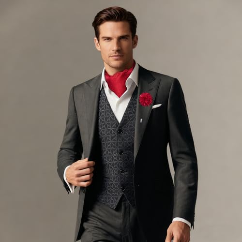 Image of DiBanGu Mens Silk Ascot Ties Paisley Jacquard Woven Cravat and Pocket Square Cufflinks with Lapel Pin for Business Wedding