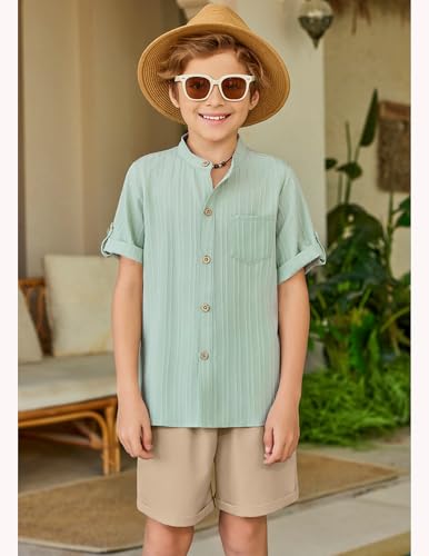Image of Arshiner Boy's 2 Piece Beach Outfit Short Sleeve Textured Button Down Shirt and Short Sets Summer Vacation Wear 4-12 Years