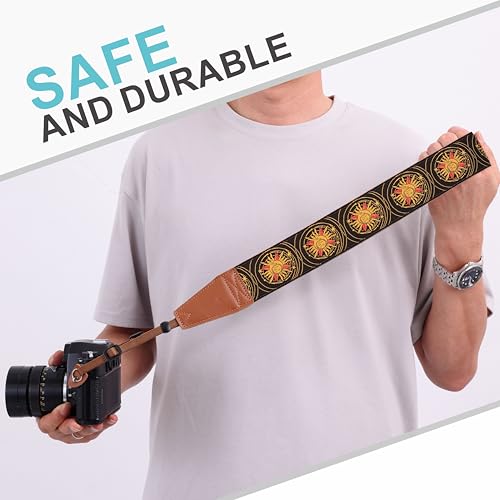 Image of Padwa Lifestyle Yellow Sun God Camera Strap - 2 inch Full Grain Leather Ends Camera Straps for Photographers, Vintage Embroidered Cotton Soft Suede Fabric Padded Strap Quick Release fits All Cameras