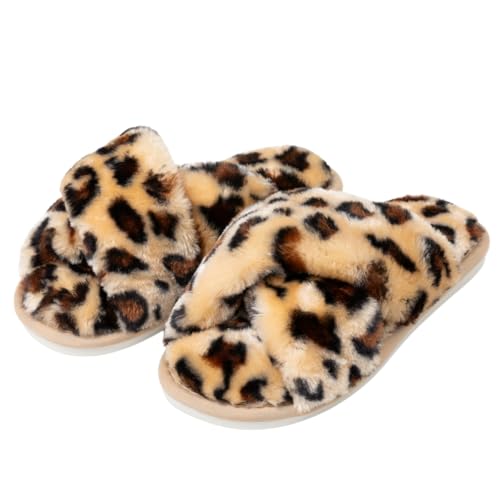 Image of Enteer Women's Slipper Memory Foam Cross Band Fuzzy Slippers Open Toe Cozy House Slippers Cozy Plush Bedroom Indoor Outdoor
