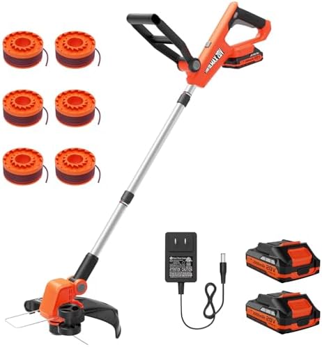 VARSK 20V Weed Wacker Cordless, 12 Inch 2 in 1 String Trimmer and Edger, Automatic Line Feed, Includes 2 X 2.0Ah Batteries/1 X Fast Charger/6 X Spare Spools, Weed Eater for Lawn, Garden, etc, Orange