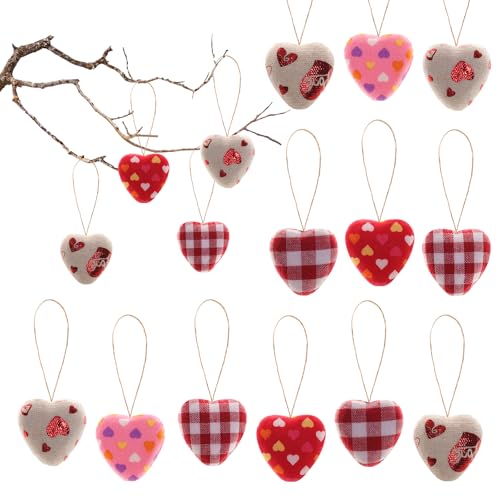 Fumwase Baumschmuck, 30 Stück, Stoffherz, Hängende Herz-Ornamente für Valentinstag, Hochzeit, Jahrestag, Party, Rot, 7,6 cm, 6 Stile, Unique Styles (Plaid & Heart Motifs), Schaumstoff, Stoff