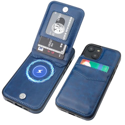 Image of KIHUWEY for iPhone 13 Case Wallet Compatible with MagSafe Wireless Charging, Credit Card Holder, RFID Flip Leather Magnetic Clasp Kickstand Heavy Duty Protective Cover 6.1 Inch (Blue)