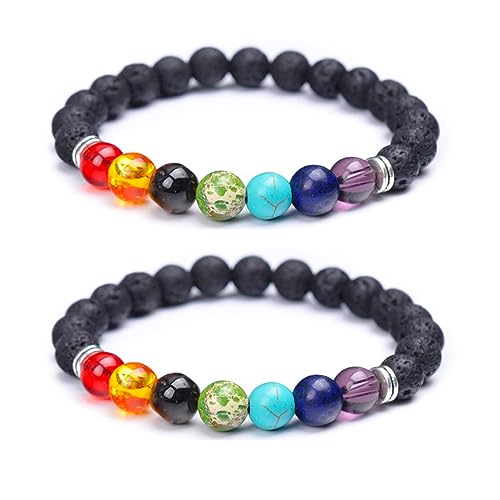 Yunmoxiao 2Pcs Lava Rock Stone Bracelet 7 Chakra Essential Oil Diffuser Bracelet Natural Stone Yoga Beads Bracelet for Men Women (Silver)